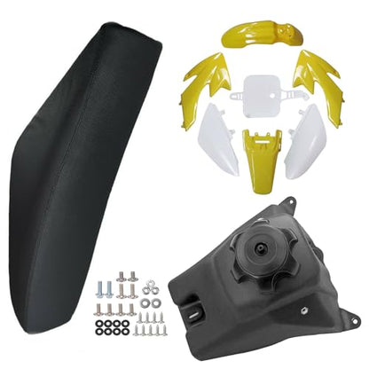 Durable ABS Plastics Kit with High Elasticity Black Tall Seat & Fuel Gas Tank for CRF50F XR50R CRF XR 50 SSR Chinese 110cc 125cc Dirt Pit Bike Body Work Fairing Kit & Bolts (Yellow) - color: Yellow