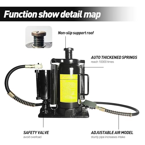 20 Ton Low Profile Air Hydraulic Bottle Jack with Air-Powered or Manual Operation, One-Piece Hydraulic Cylinder Design, Air Bottle Jack with Independent Air Pump Body and Carry Handle - color: Black, size: 20 Ton
