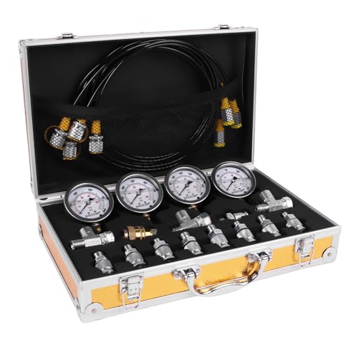 Hydraulic Pressure Gauge Test Kit, 4 Pressure Gauges, 4 Test Hoses, 10 Couplings, 3 Tee Connectors for Excavator Construction Machinery(Gold) - size: Gold 4 Gauges 10 Couplings 3 Tee Connectors