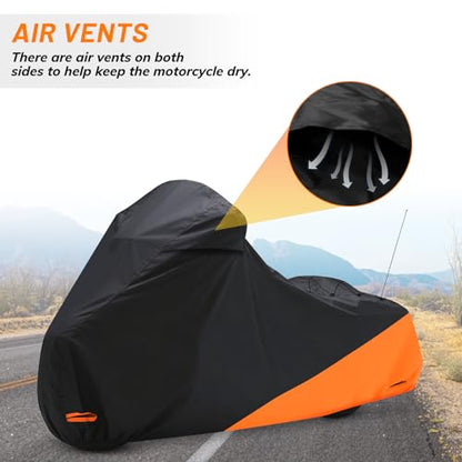 Waterproof Motorcycle Cover for Touring Models Made for Harley Davidson Road King Road Glide Street Glide Electra Glide Low Rider-ST Indoor & Outdoor All Weather Protection (Black & Orange)