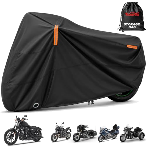 Motorcycle Cover Waterproof Outdoor Heavy Duty All-Weather UV Protection with Reflective Strips & Lock Holes,Storage Bag,Sport,Fits Most Cruiser,Touring,Street,Dirt Bike (Length up to 86.6")