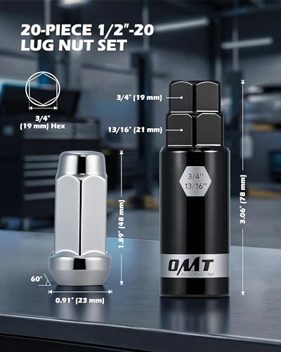 OMT 1/2"-20 Lug Nuts with Cone Seat, 20pcs Lug Nuts Set with 1 Socket Key - color: Silver, size: 1/2"-20, style: 20Pcs 1.89"Long