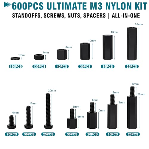 M3 Nylon Standoff & Fastener Kit - Complete Set with Screws, Nuts, Spacers & Threaded Pillars (6mm to 20mm) for Motherboard, PCB, 3D Printer, Raspberry Pi & Computer Building - 600Pcs