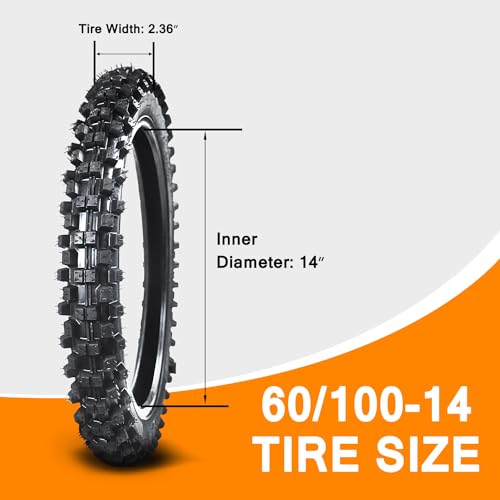 HOLATO Front 60/100-14 2.50-14 Tire and Inner Tube for 110cc 125cc CRF70 CRF110 XR70 KLX110 TTR90 PW80 RM60 RM65 TaoTao DB14 SSR Apollo Coolster Dirt Pit Bike Motorcycle Off Road Motocross Heavy Duty - size: 60/100-14 Tire
