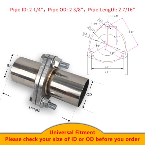 Exhaust Flange Bolts Quick Fix Repair Pipe Kit w/Gasket & Hardware, 2.25'' Inch ID 3 Bolts T304 Stainless Steel Universal Flange Replacement Kit - size: 2.25"ID-3 Bolts