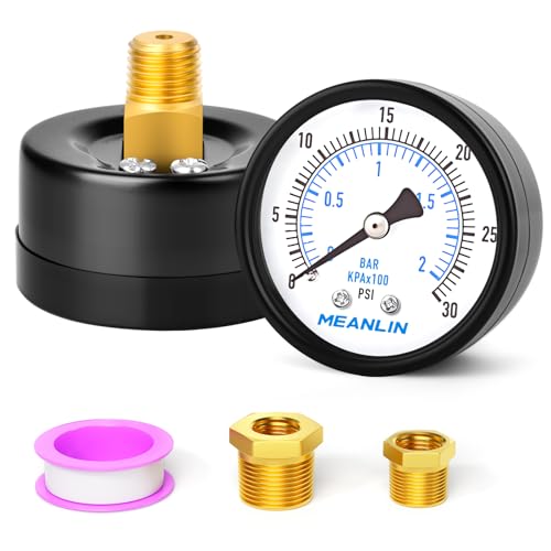 MEANLIN MEASURE 0-30Psi 2" DIAL FACE 1/4" NPT Well Pump Pressure Gauge, with 1/2" NPT and 3/8" NPT Hex Bushing, 3-2-3% Accuracy, Center Back Mount - color: 1/4"NPT Back Mount, size: 0-30Psi