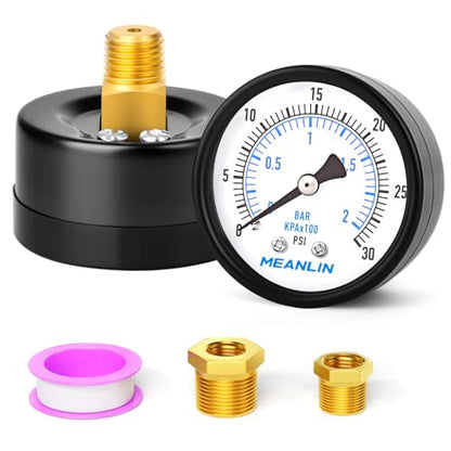 MEANLIN MEASURE 0-30Psi 2" DIAL FACE 1/4" NPT Well Pump Pressure Gauge, with 1/2" NPT and 3/8" NPT Hex Bushing, 3-2-3% Accuracy, Center Back Mount - color: 1/4"NPT Back Mount, size: 0-30Psi