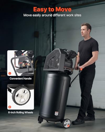 VEVOR 25-Gallon Air Compressor, 2HP 5.5 SCFM at 90PSI, Max 200PSI Pressure Oil-Lubricated Air Compressor Tank, Portable on Wheels for Auto Repair, Tire Inflation, Spray Painting, Woodwork Nailing 120V - size: 25 Gallon 200 PSI