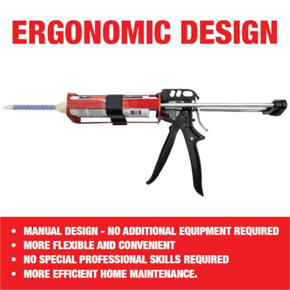 LAUCO Dual Cartridge Epoxy Gun 200 ml – Manual 1:1 and 2:1 Adhesive Applicator for Panel Bonding, Structural Epoxy, Fillers, and Plastic Repair (33093) - color: Red