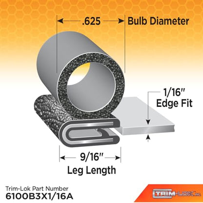 TRIM-LOK Trim Seal, Edge Trim with Side Bulb, Fits 0.625-Inch Bulb, 1/16-Inch Edge, 25-Foot Length, Black Pebble Finish, Flexible PVC Plastic Trim with EPDM Rubber Weather Stripping - style: 0.625" Bulb, 1/16" Edge, 9/16" Leg, 25 Feet