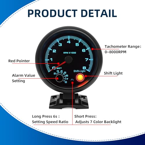 MH 3.75" 95mm Tachometer 0-8000 Large RPM Gauge 7 Color Car AUTO Tacho Shift Light with Dashboard Pod (Black) - color: Black