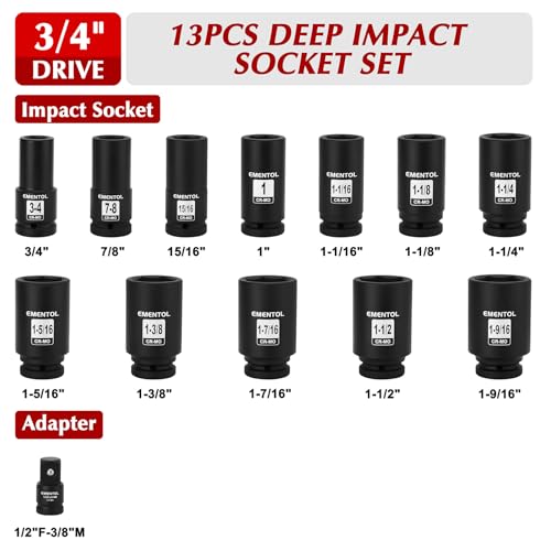EMENTOL 3/4" Drive Deep Impact Socket Set,13 Pieces Jumbo Sockets, SAE (3/4" to 1-9/16") with 1/2"F to 3/4"M Adapter, 6-Point, CR-MO Steel - style: 13PCS (3/4Inch - 1-9/16Inch)