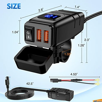 Nilight Motorcycle Charger with 12V Voltmeter Independent On Off Switch SAE USB Adapter Inline 10A Fuse Waterproof 6.8A Dual QC3.0 Fast Charging Phone Tablet for 7/8inch Handlebar ATV - color: USB Charger Motorcycle