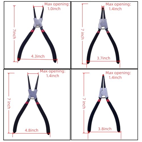 4PC 7" Snap Ring Pliers Set, Internal/External Circlip Pliers Kit with Straight+Bent Jaw Tips, Heavy Duty C Clamp Pliers for Automotive Tools