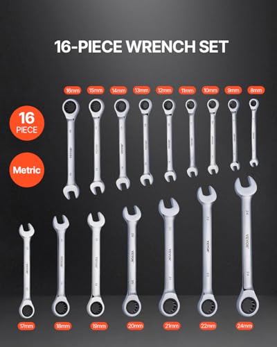 VEVOR Combination Wrench Set, 16-Piece Ratcheting Wrench Set with Organizer Rack, Cr-V Steel, Metric 8 mm to 24 mm, Ideal for General Household, Garage, Workshop, Auto Repairs, Emergency - size: 16PC