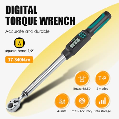 1/2” Digital Torque Wrench Set 7.5-250.8 ft-lb/10.2-340 Nm, ±2% Accuracy, LED & Buzzer Alerts, with 3 Adapters (1/4", 3/8"& Extension Bar), Industrial CR-V Steel for Car, Motorcycle, Bike Repair - size: 1/2", 7.5-250.8 ft-lb (10.2-340 Nm)