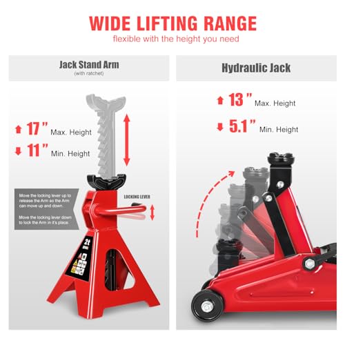 DNA Motoring 2 Ton Car Jack and Stands Kit Red - color: Red