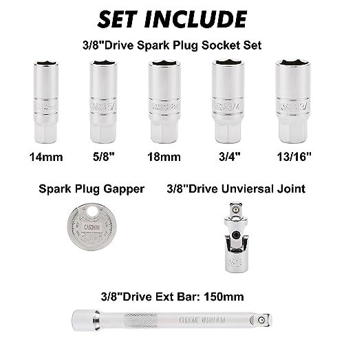 CASOMAN 3/8-Inch Drive Spark Plug Socket Set, 6-Point, Include Extension Bar, Universal Joint & Spark Plug Gapper, 8Piece Set, CR-V Steel - size: 8-Piece Set with Accessory