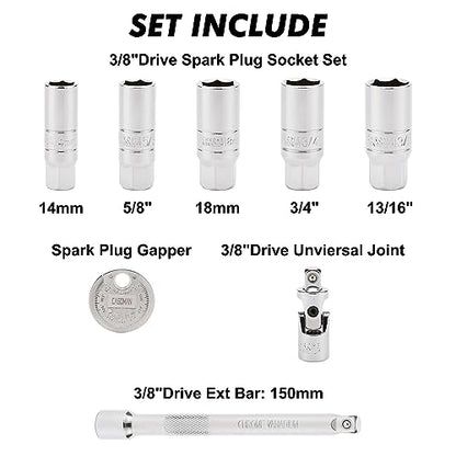 CASOMAN 3/8-Inch Drive Spark Plug Socket Set, 6-Point, Include Extension Bar, Universal Joint & Spark Plug Gapper, 8Piece Set, CR-V Steel - size: 8-Piece Set with Accessory