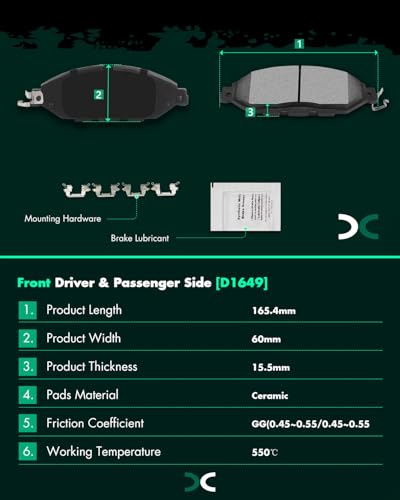 SCITOO D1649 D1415 Ceramic Brake Pads Sets Front Rear w/Hardware - size: Front D1649 + Rear D1415