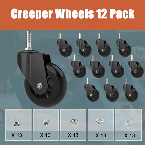 Creeper Wheels Replacement Set of 12, 2.5-Inch Roller Blade Rubber Creeper Casters, Heavy Duty M10 x 1" Metric Swivel Caster, 360 Degree No Noise Creepers Mechanic Seat Shop Stool Replacement Wheel - size: M10x1"