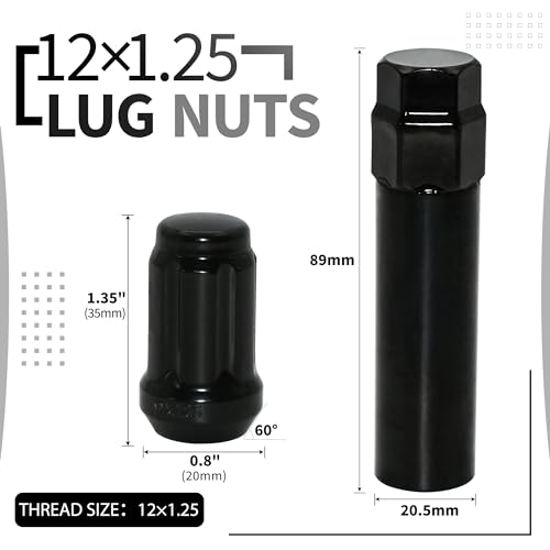 24 PCS M12x1.25 Black Lug Nuts, 1.35" Tall Hex Trailer Lug Nuts, 60 Degree Conical Cone Seat with Socket Key, Wheel Lugnuts Compatible with Altima 1993-2022, Maxima 1988-2022 - color: Black, 24pcs+1 Point Spline, size: M12x1.25