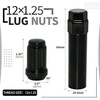 24 PCS M12x1.25 Black Lug Nuts, 1.35" Tall Hex Trailer Lug Nuts, 60 Degree Conical Cone Seat with Socket Key, Wheel Lugnuts Compatible with Altima 1993-2022, Maxima 1988-2022 - color: Black, 24pcs+1 Point Spline, size: M12x1.25