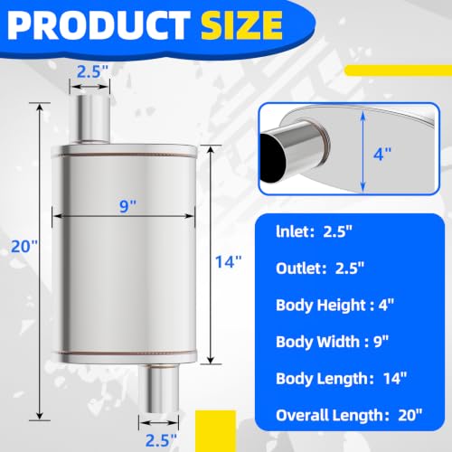 2.5 inch Universal Mufflers Single Chamber, 2.5” Offset In /2.5” Offset Out, 20" Overall Length Straight-Through Mild Steel Performance Muffler, Suitable for Cars and Trucks(2.5''Inlet/Outlet) - color: Offset In / Offset Out, size: 2.5''