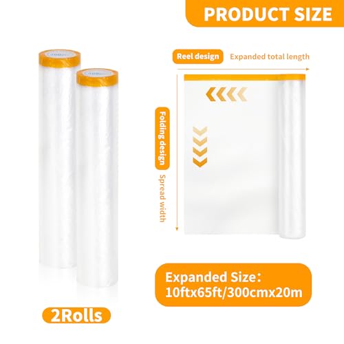 Pre-Taped Masking Film 2 Pack Each 10 x 65 feet Rolls, Tape and Drape, Painters Plastic Sheeting Drop Cloth for Automotive Painting Covering, House Decoration Furniture Floor Dustproof Cover - color: White, size: 118 in x 65 feet