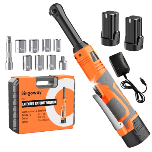 3/8" Electric Ratchet Wrench Set, Extended Long Neck Cordless Ratchet, 16V 45 ft-lbs Power Ratchet Kit, 600 RPM, 2 Batteries, LED, 9-Pcs Accessory Set & Toolbox for Auto Repair
