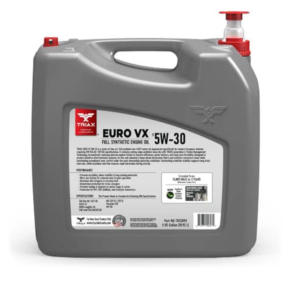TRIAX Euro VX 5W-30 Full Synthetic Ester, Compatible with VW 507.00/504.00, VW Audi 502.00, 505.01, BMW LL-04, Porsche C30, ACEA C3, Mercedes 229.51, 229.5, 229.31 (5 Gallon) - size: 5 Gallon