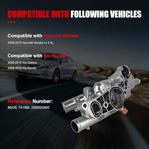 Aluminum Engine Coolant Thermostat Housing Assembly w/Sensor Compatible with Hyundai Sonata 2009-2010 & Kia Optima 2009-2010, Rondo 2009-2010, 2.4L, Replaces for 256002G600 86236 TA1089 - size: 256002G600