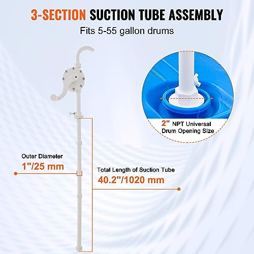 VEVOR Drum Pump, 6.5 GPM Flow, Rotary Barrel Pump Hand Crank, Fits 5 to 55 Gallon Drums with 3-Section Suction Tube Assembly and Hose, Designed for Fast Transfer of Water, Alcohol, Corrosive Liquids
