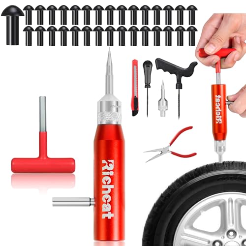 Richcat Tubeless Tire Puncture Repair Kit with Mushroom Plug, Repairs punctures and Flat Tires for Motorcycles, Cars, Trucks, ATVs and Tractors - size: 30Plugs Kit