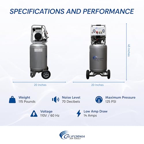 California Air Tools 20020AD 2.0 HP Ultra Quiet and Oil-Free Air Compressor with Wheels, 20 Gallon Tank Capacity, 70 dB Noise Level, Electric, Portable, with Automatic Drain Valve - style: Steel Tank, 110v w/Auto Drain