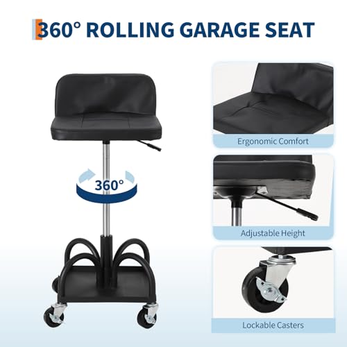 Rolling Shop Stool w/ 3" Locking Swivel Wheels, 300LB Capacity, 15.7"-20.5" Height Adjustable with Soft Cushion & Tool Tray, Telescoping Mechanic Seat for Garage, Auto Repair, Heavy-Duty, Black - size: Black-2