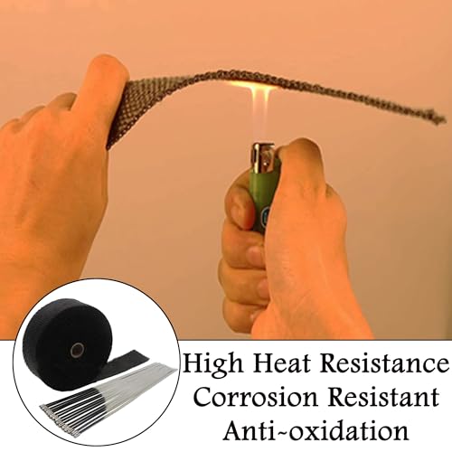 Deecam Exhaust Heat Wrap, 2 Roll 2'' x 50' Exhaust Header Wrap, Black Fireglass Heat Tape for Motorcycle Manifold Pipe Heat Shield with 24 Stainless Steel Ties - size: 30M