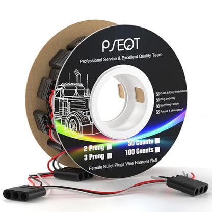 PSEQT 50 Counts 3 Prong Wire Harness Roll Female Bullet Plugs, 18 AWG Continuous Wire Harness 7" Spacing on Lead for LED Side Tail Clearance Marker Lights for Trailer Truck Bus ATV Van - size: 50 Counts