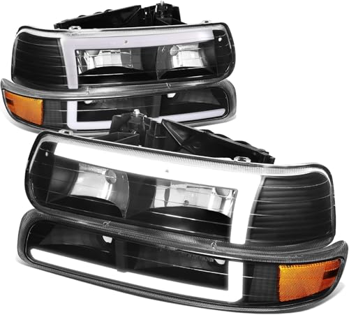 Auto Dynasty 3D LED DRL Headlights Assembly with Bumper Lamps Compatible with 99-06 Chevy Silverado Suburban 1500 2500 HD 3500 Tahoe, Pack of 4, Driver and Passenger Side, Black Amber - color: Black / Amber, size: LED Light Bar Style (Ver.3)