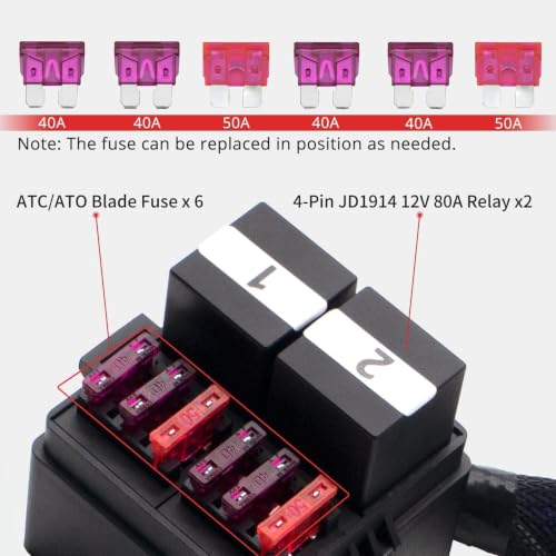 12V Pre-Wired Fuse Relay Box, 2 Relays & 6 Fuses with 40A/50A ATO/ATO Blade Fuses, 4-Pin 80A JD1912 Relay Block Kit for Car Truck RV (Wire Rated 30A) - size: 80A 2 Relay 6 Fuse