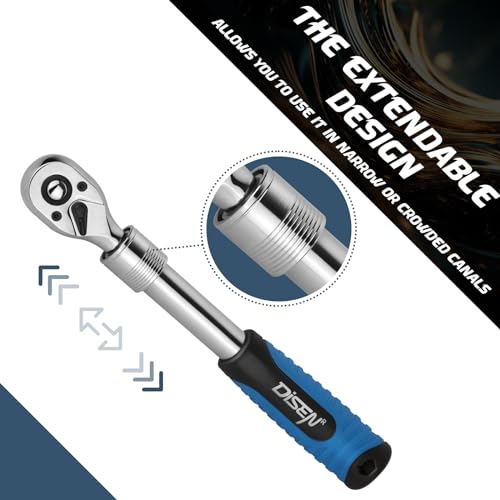 DISEN 3PCS Extendable Ratchet Wrench Set,1/4" 3/8" 1/2" Drive 72-Tooth, Quick-Release, Reversible Drive Socket Wrenches,Soft Grip Handle with Storage Tray - color: Extendable Ratchet Set