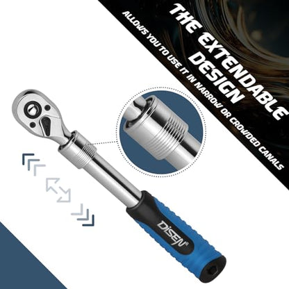 DISEN 3PCS Extendable Ratchet Wrench Set,1/4" 3/8" 1/2" Drive 72-Tooth, Quick-Release, Reversible Drive Socket Wrenches,Soft Grip Handle with Storage Tray - color: Extendable Ratchet Set