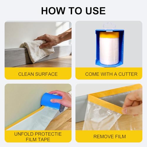 Pre-Taped Masking Film Film and Masking Tape in one Plastic Tape and Drape Roll Painters Plastic (3 Pack, Each roll 22" Wide x 82 feet Long) with one Dispenser