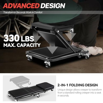 Foldable Creeper, 2-in-1 Rolling Garage Z Creeper Car & Seat, 36" Roller Mechanics Under Car Chair, 330 LBS Weight Capacity Heavy Duty, Black - color: Black, size: 36 Inch Length