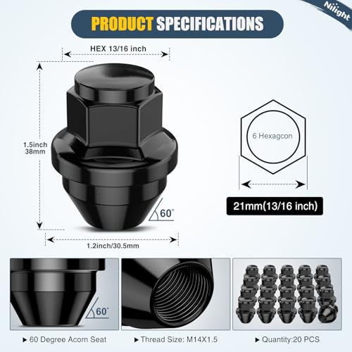 Nilight 20PCS M14x1.5 Lug Nuts Compatible with 2015-2023 Ford Mustang/Edge - color: Black, size: 20PCS Mustang/Edge 2015-2023 Explorer 2020-2023