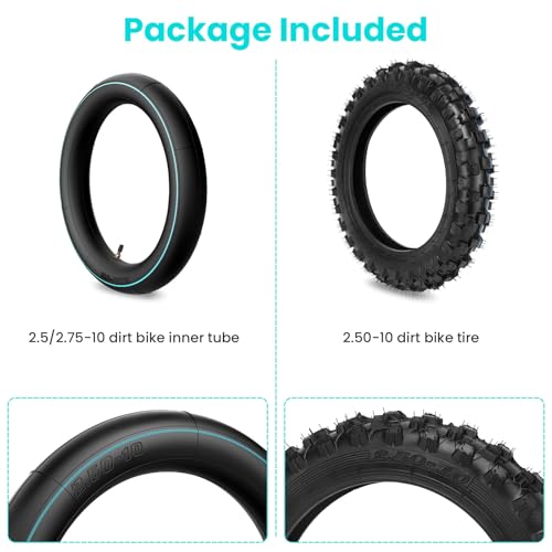 2.5-10" Off-Road Tire and Inner Tube Set, Dirt Bike Tire with 10-Inch Rim and 2.5/2.75-10 Dirt Bike Inner Tube Heavy Duty Compatiblewith Honda CRF50/XR50, Suzuki DRZ70/JR50, PW50 (2 Set) ﻿