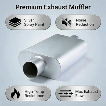 Universal 2.25" Dual Chamber Center Inlet Center Outlet Muffler – Aluminized Steel Silver, Aggressive Deep Sound, 17" Total Length - color: SILVER, size: 2.25 Inch