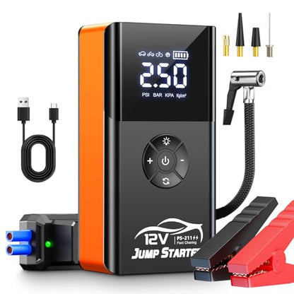 Jump Starter with Air Compressor, 8000A 180PSI, Portable Car Battery Jump Starter (All Gas/12L Diesel) 12V Automobile Jump Box Pack Chargers with Jumper Cables, 4-Mode LED Lights - color: Pumpkin Orange