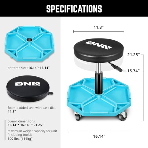 DNA Motoring Adjustable Height Pneumatic Garage Seat Rolling Mechanic Stool with Tool Tray Storage,300lbs Max Weight Capacity, Blue,TOOLS-00480 - color: Blue