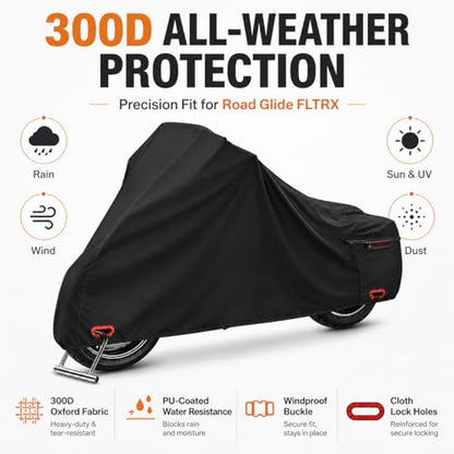 300D Motorcycle Cover Compatible with Harley-Davidson Road Glide FLTRX, Heavy Duty Waterproof Outdoor Touring Cover, Precision Fit for Sharknose Fairing, Rain Sun Dust Wind Protection - size: FIT to Harley-Davidson Road Glide FLTRX